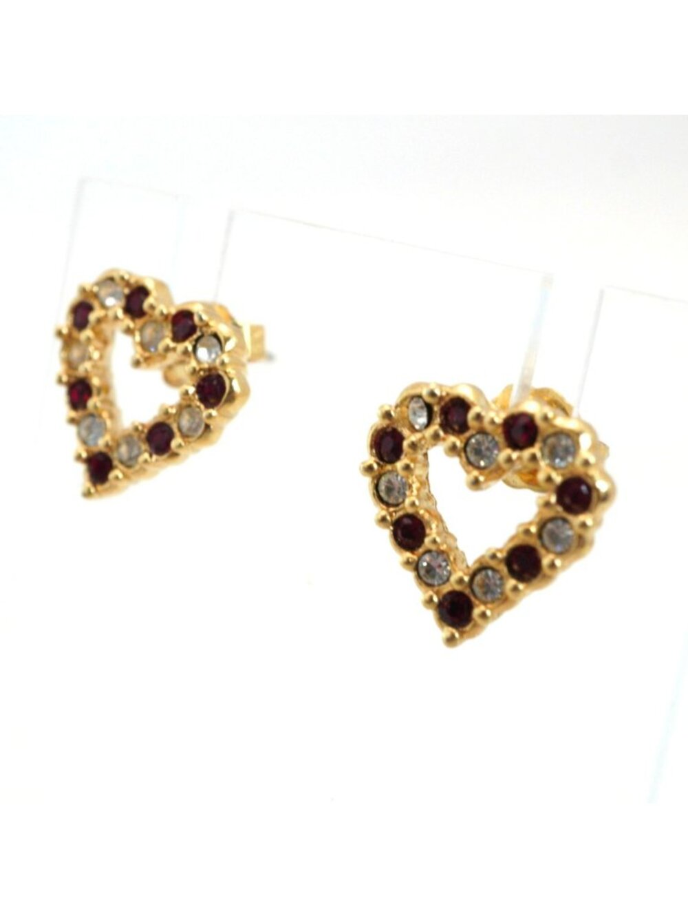 Vintage Avon Heart Red Clean Rhinestones Gold-Tone Post Earrings - Picture 3 of 7